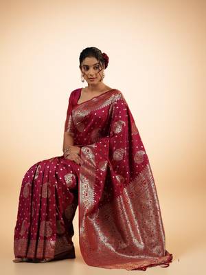 Wine Pink Banarasi Silk blend Saree with Silver Zari Work 5