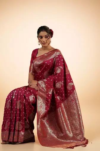 Wine Pink Banarasi Silk blend Saree with Silver Zari Work