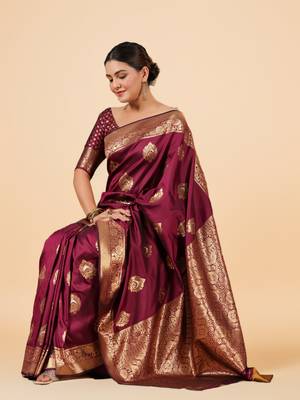 Wine Banarasi Silk blend Saree with Gold Zari Motifs 2