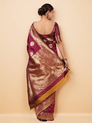 Wine Banarasi Silk blend Saree with Gold Zari Motifs 3