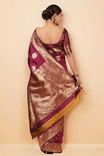Wine Banarasi Silk blend Saree with Gold Zari Motifs