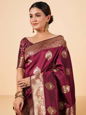 Wine Banarasi Silk blend Saree with Gold Zari Motifs 4