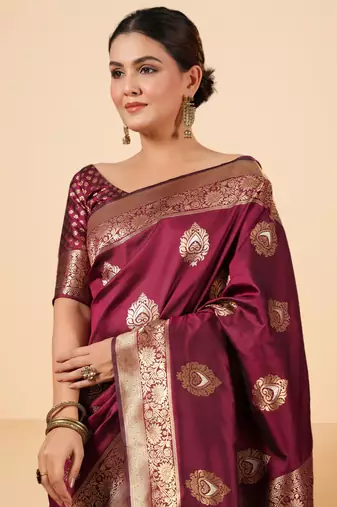 Wine Banarasi Silk blend Saree with Gold Zari Motifs