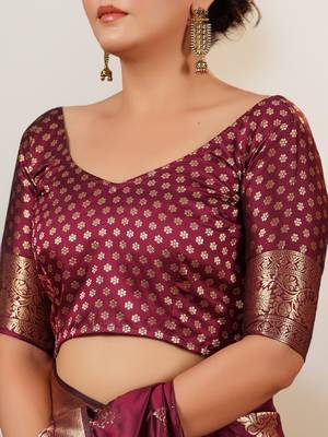 Wine Banarasi Silk blend Saree with Gold Zari Motifs 5