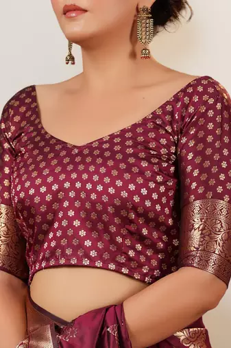 Wine Banarasi Silk blend Saree with Gold Zari Motifs