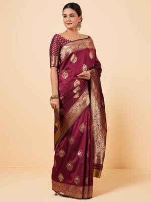 Wine Banarasi Silk blend Saree with Gold Zari Motifs 1