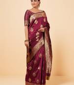 Wine Banarasi Silk blend Saree with Gold Zari Motifs