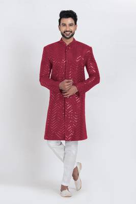 Red designer indo western set for men 4