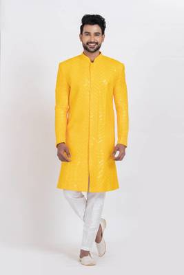 Yellow designer indo western set for men 1