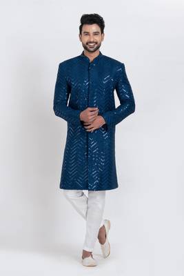 Teal designer indo western set for men 1