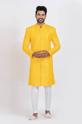 Yellow designer indo western set for men 2