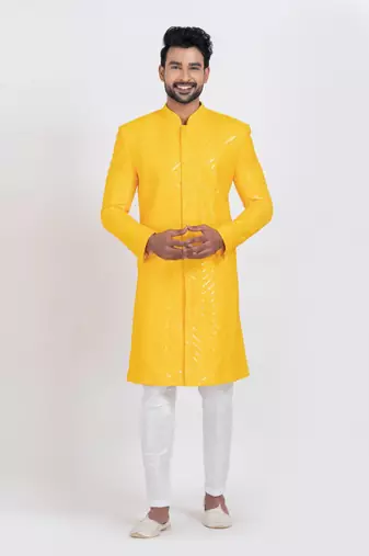 Yellow designer indo western set for men
