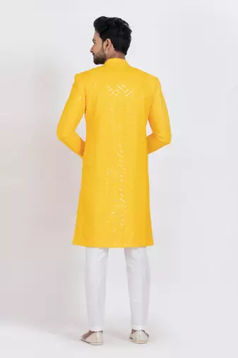 Yellow designer indo western set for men