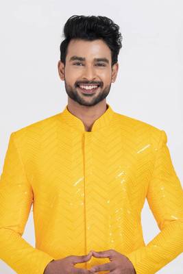 Yellow designer indo western set for men 4