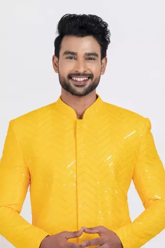 Yellow designer indo western set for men