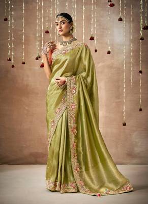 Olive Tissue Dola Silk Zari With Weaving Heavy Embroidery & Heavy Designer Contras Blouse 1