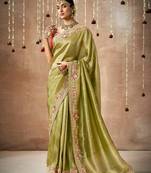 Olive Tissue Dola Silk Zari With Weaving Heavy Embroidery & Heavy Designer Contras Blouse
