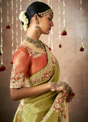 Olive Tissue Dola Silk Zari With Weaving Heavy Embroidery & Heavy Designer Contras Blouse 2