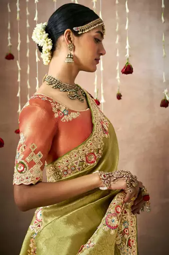 Olive Tissue Dola Silk Zari With Weaving Heavy Embroidery & Heavy Designer Contras Blouse