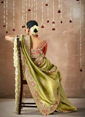Olive Tissue Dola Silk Zari With Weaving Heavy Embroidery & Heavy Designer Contras Blouse 3