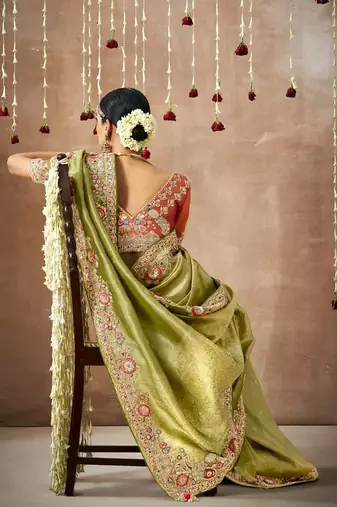 Olive Tissue Dola Silk Zari With Weaving Heavy Embroidery & Heavy Designer Contras Blouse
