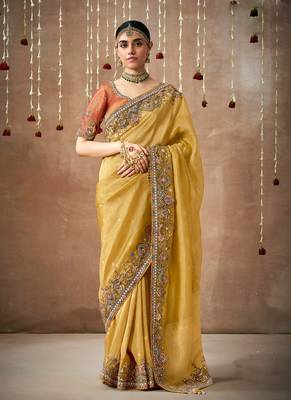 Mustrad Tissue Dola Silk Zari With Weaving Heavy Embroidery & Heavy Designer Contras Blouse 1