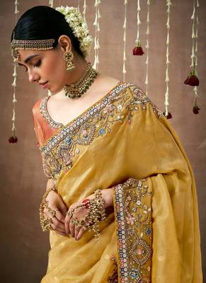 Mustrad Tissue Dola Silk Zari With Weaving Heavy Embroidery & Heavy Designer Contras Blouse 3
