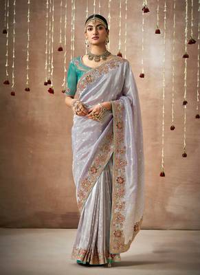 Slate Gray Tissue Dola Silk Zari With Weaving Heavy Embroidery & Heavy Designer Contras Blouse 1