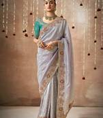 Slate Gray Tissue Dola Silk Zari With Weaving Heavy Embroidery & Heavy Designer Contras Blouse