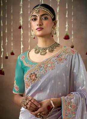 Slate Gray Tissue Dola Silk Zari With Weaving Heavy Embroidery & Heavy Designer Contras Blouse 2