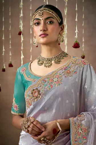 Slate Gray Tissue Dola Silk Zari With Weaving Heavy Embroidery & Heavy Designer Contras Blouse