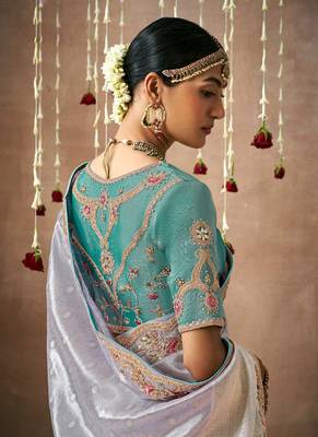 Slate Gray Tissue Dola Silk Zari With Weaving Heavy Embroidery & Heavy Designer Contras Blouse 3
