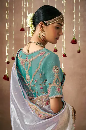 Slate Gray Tissue Dola Silk Zari With Weaving Heavy Embroidery & Heavy Designer Contras Blouse