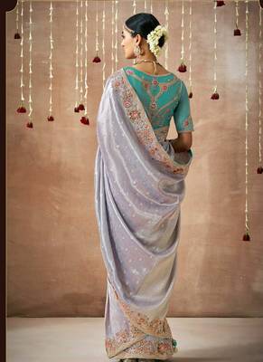 Slate Gray Tissue Dola Silk Zari With Weaving Heavy Embroidery & Heavy Designer Contras Blouse 4