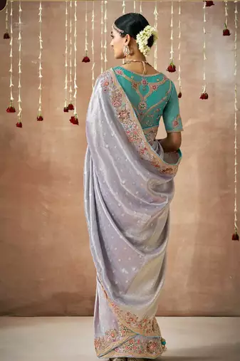 Slate Gray Tissue Dola Silk Zari With Weaving Heavy Embroidery & Heavy Designer Contras Blouse