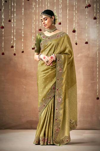 Olive Tissue Dola Silk Zari With Weaving Heavy Embroidery & Heavy Designer Contras Blouse