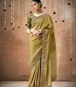 Olive Tissue Dola Silk Zari With Weaving Heavy Embroidery & Heavy Designer Contras Blouse