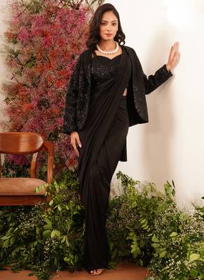 black lycra fabric party wear sequin work jacket with ready blouse one minute sarees 3