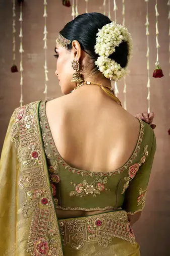 Olive Tissue Dola Silk Zari With Weaving Heavy Embroidery & Heavy Designer Contras Blouse