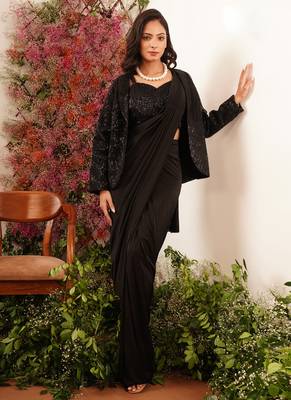 black lycra fabric party wear sequin work jacket with ready blouse one minute sarees 4