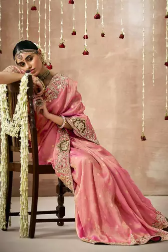 Salmon Tissue Dola Silk Zari With Weaving Heavy Embroidery & Heavy Designer Contras Blouse