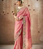 Salmon Tissue Dola Silk Zari With Weaving Heavy Embroidery & Heavy Designer Contras Blouse