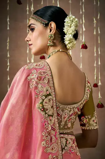 Salmon Tissue Dola Silk Zari With Weaving Heavy Embroidery & Heavy Designer Contras Blouse