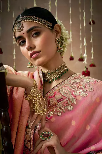 Salmon Tissue Dola Silk Zari With Weaving Heavy Embroidery & Heavy Designer Contras Blouse
