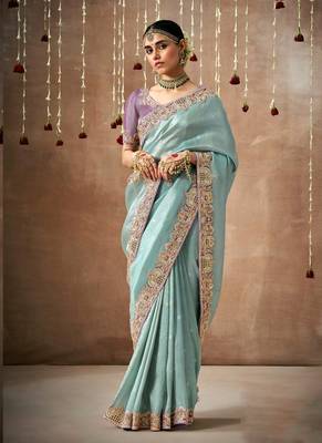 Light Sky Blue Tissue Dola Silk Zari With Weaving Heavy Embroidery & Heavy Designer Contras Blouse 1