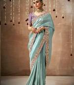 Light Sky Blue Tissue Dola Silk Zari With Weaving Heavy Embroidery & Heavy Designer Contras Blouse