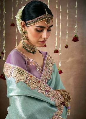 Light Sky Blue Tissue Dola Silk Zari With Weaving Heavy Embroidery & Heavy Designer Contras Blouse 2