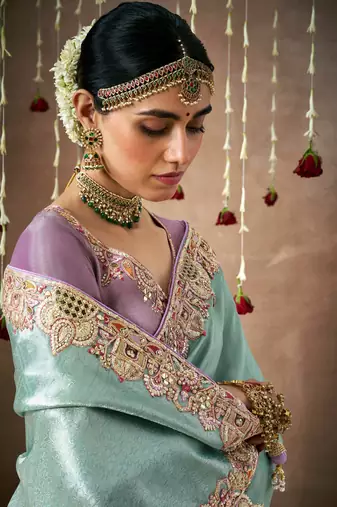 Light Sky Blue Tissue Dola Silk Zari With Weaving Heavy Embroidery & Heavy Designer Contras Blouse
