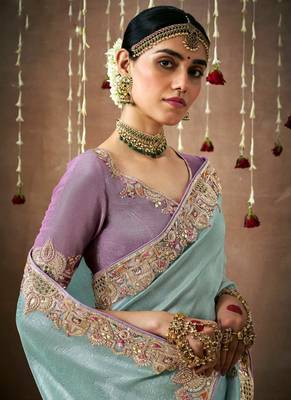 Light Sky Blue Tissue Dola Silk Zari With Weaving Heavy Embroidery & Heavy Designer Contras Blouse 3