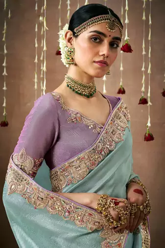 Light Sky Blue Tissue Dola Silk Zari With Weaving Heavy Embroidery & Heavy Designer Contras Blouse